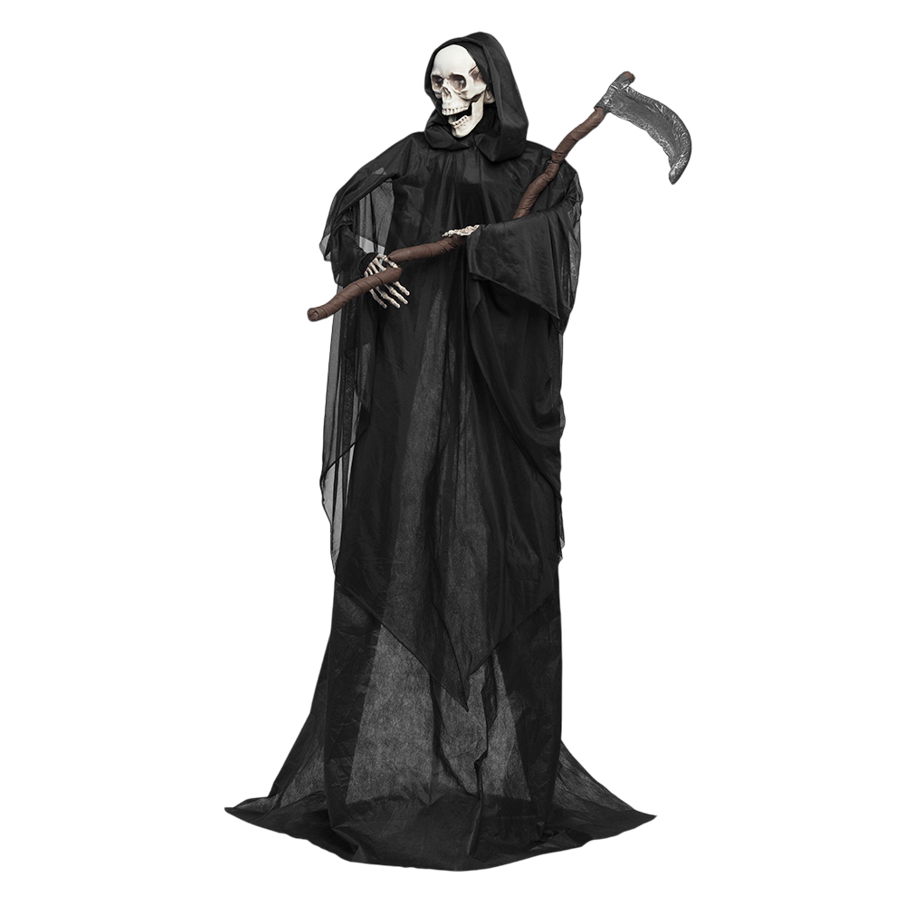 Bewegende skeletpop ‘De Magere Hein’ met zeis, 183 cm – Halloween
