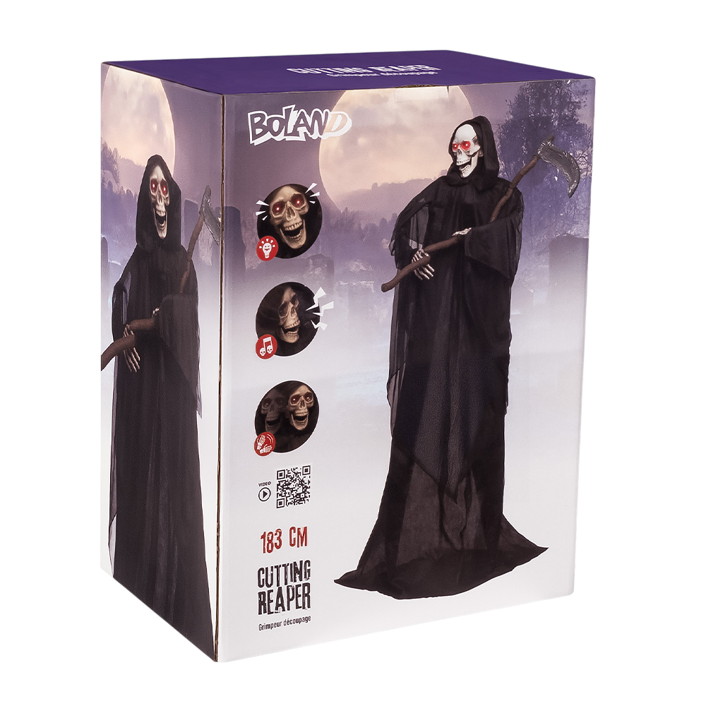 Bewegende skeletpop ‘De Magere Hein’ met zeis, 183 cm – Halloween