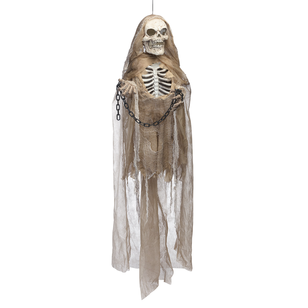 Verlichte en geluidsmakende bewegende skeletpop met kettingen, 183 cm – Halloween