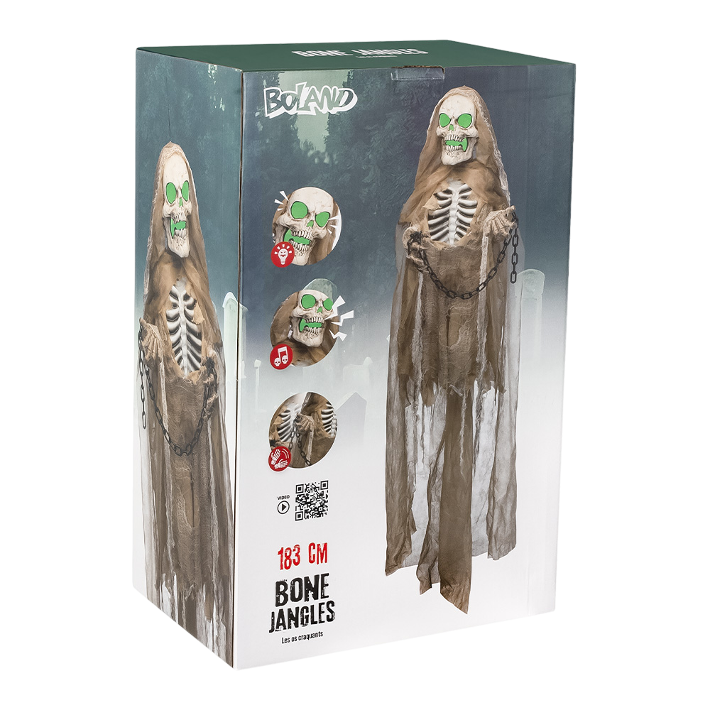 Verlichte en geluidsmakende bewegende skeletpop met kettingen, 183 cm – Halloween
