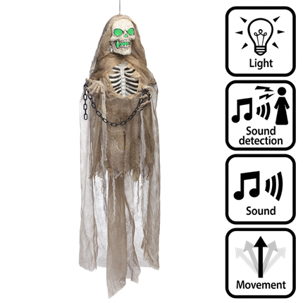 Verlichte en geluidsmakende bewegende skeletpop met kettingen, 183 cm – Halloween