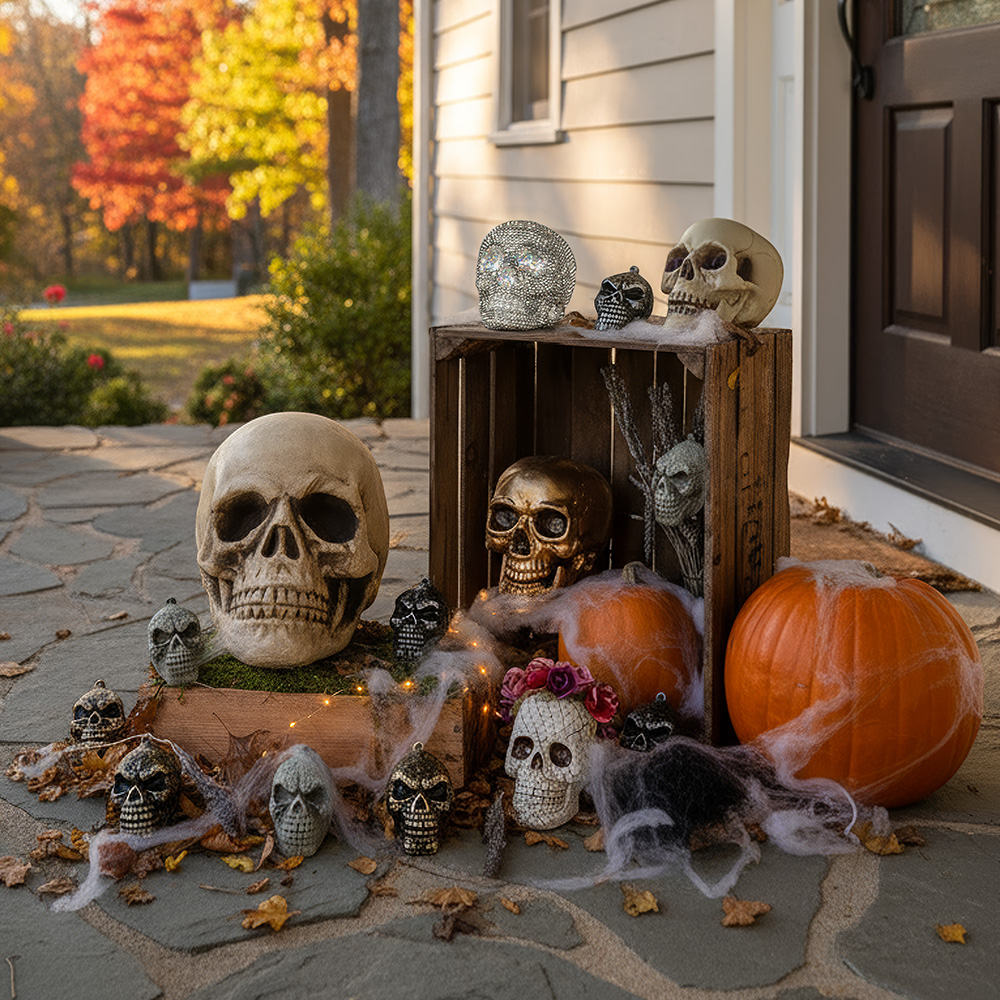 Witte doodskop met beweegbare kaak, 24 cm – Halloween-decoratie