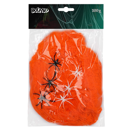 Oranje spinnenweb 100 g met 6 UV-spinnen – Halloween