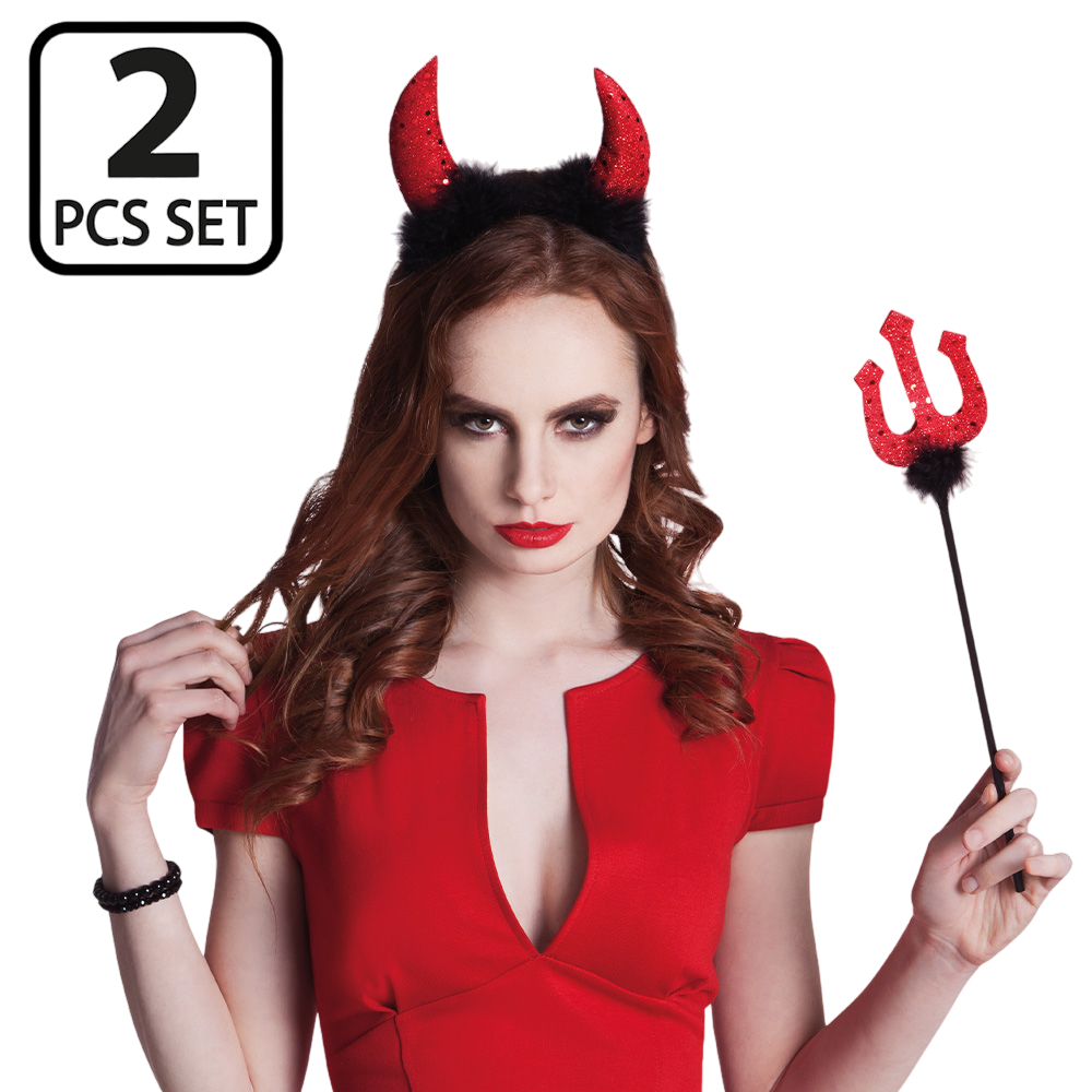 Duivelsset met hoorns en drietand 40 cm – Halloween-kostuum