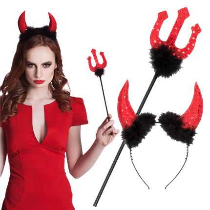 Duivelsset met hoorns en drietand 40 cm – Halloween-kostuum