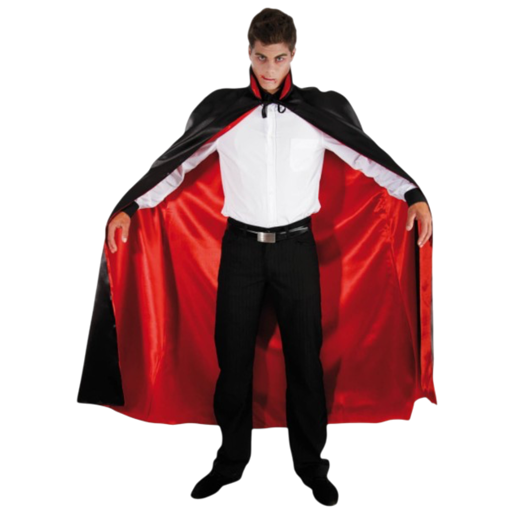 Rood-zwarte satijnen Dracula-mantel 152 cm – Vampierkostuum voor Halloween