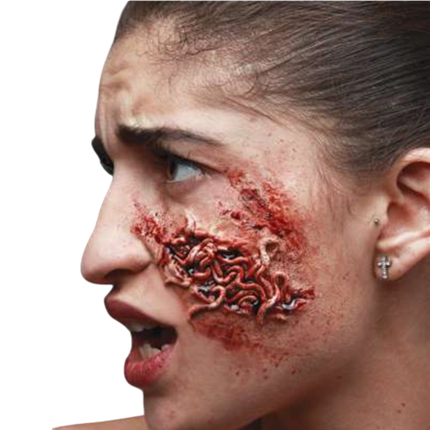 Etterende wond met latexwormen – Special effects-make-up voor Halloween
