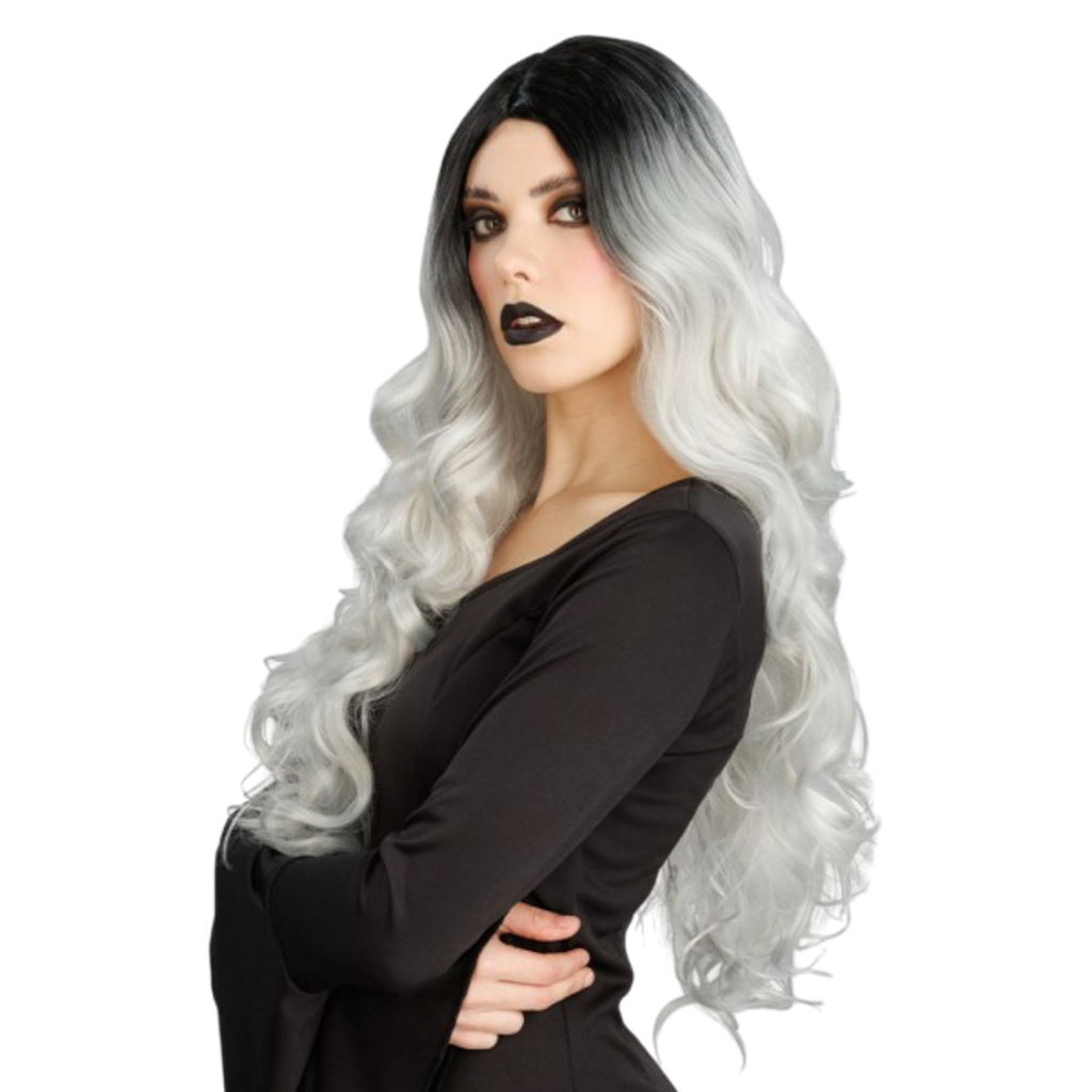 Grijze, ombré-kleurige Glamour-heksenpruik, 65 cm – Halloween