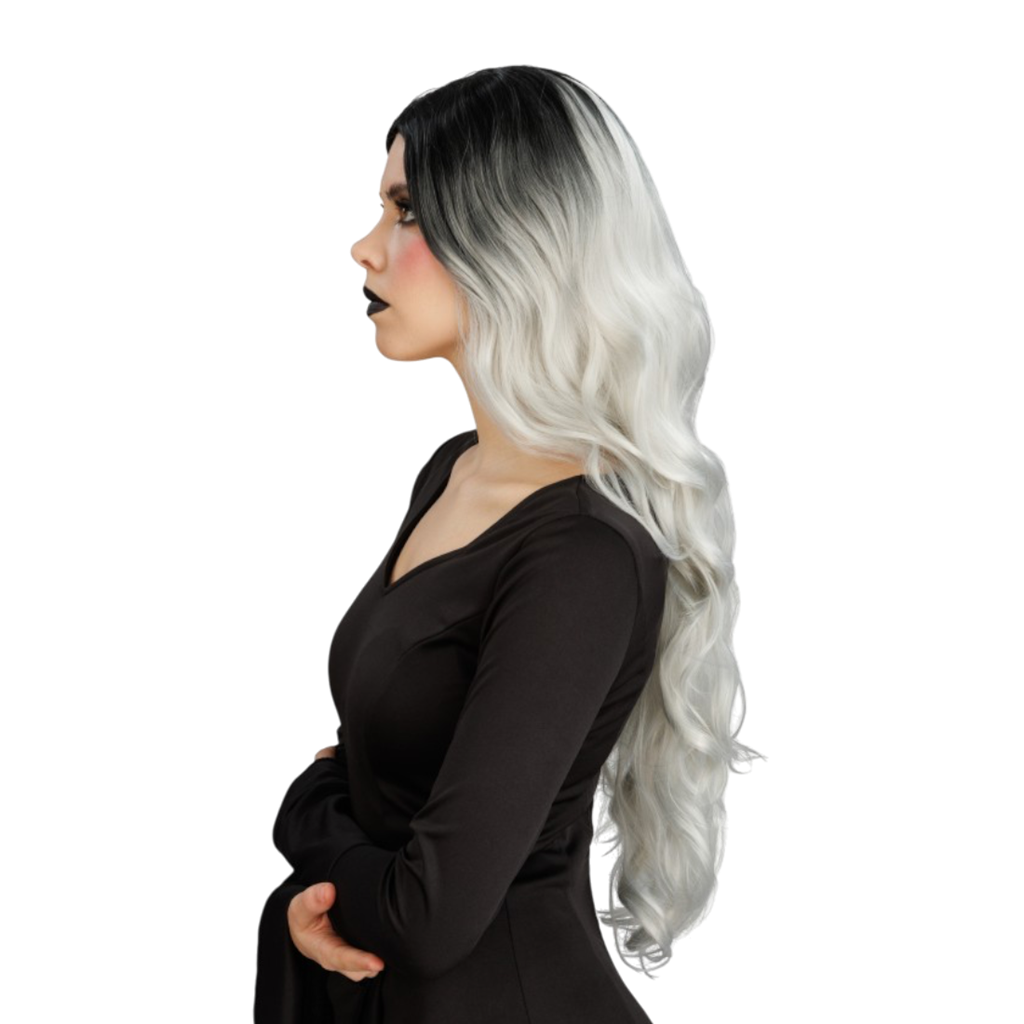 Grijze, ombré-kleurige Glamour-heksenpruik, 65 cm – Halloween