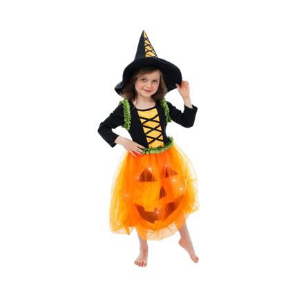 LED-pompoenkostuum met hoed 116 cm – Halloween-kostuum voor kinderen