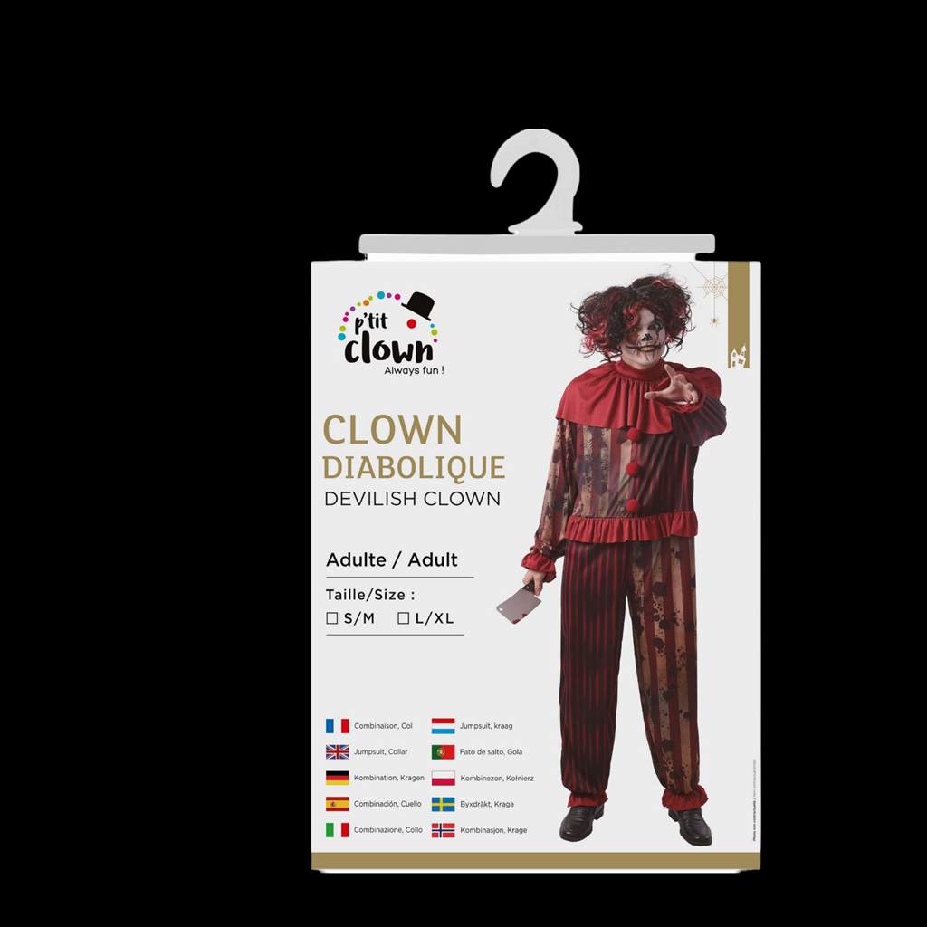 Kostuum: Duivelse moordende clown voor heren, maat L/XL – Halloween