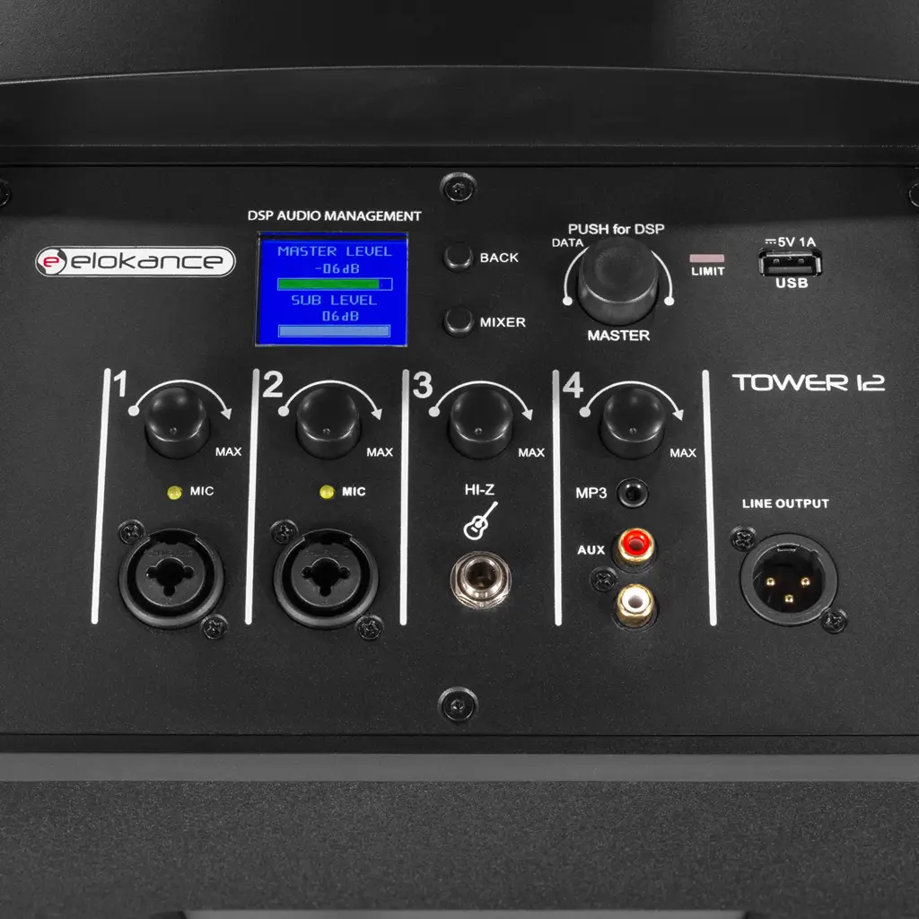 Actief 3-weg kolomsysteem van 800 W RMS met 12"-subwoofer – Elokance