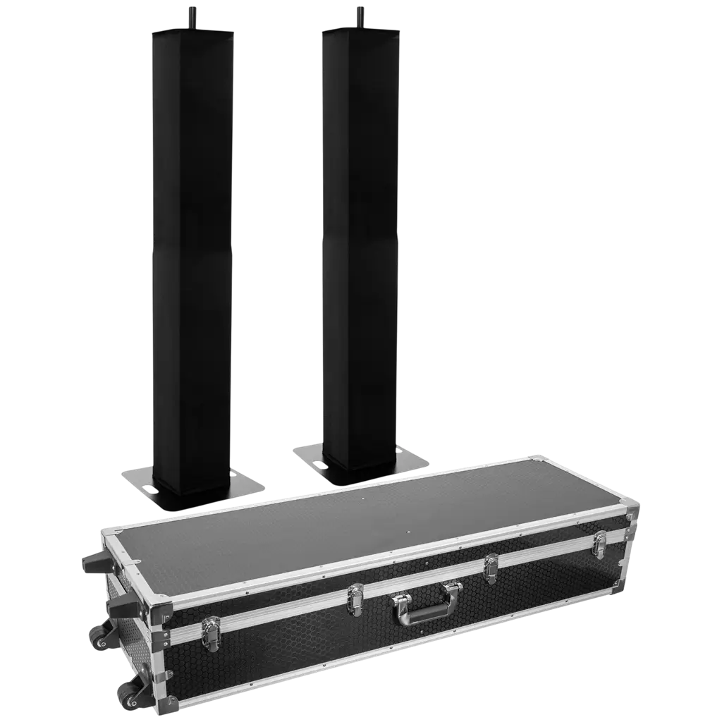 Set van 2 uitschuifbare totems (106 tot 195 cm) met zwarte lycra-bekleding en flightcase – Plugger