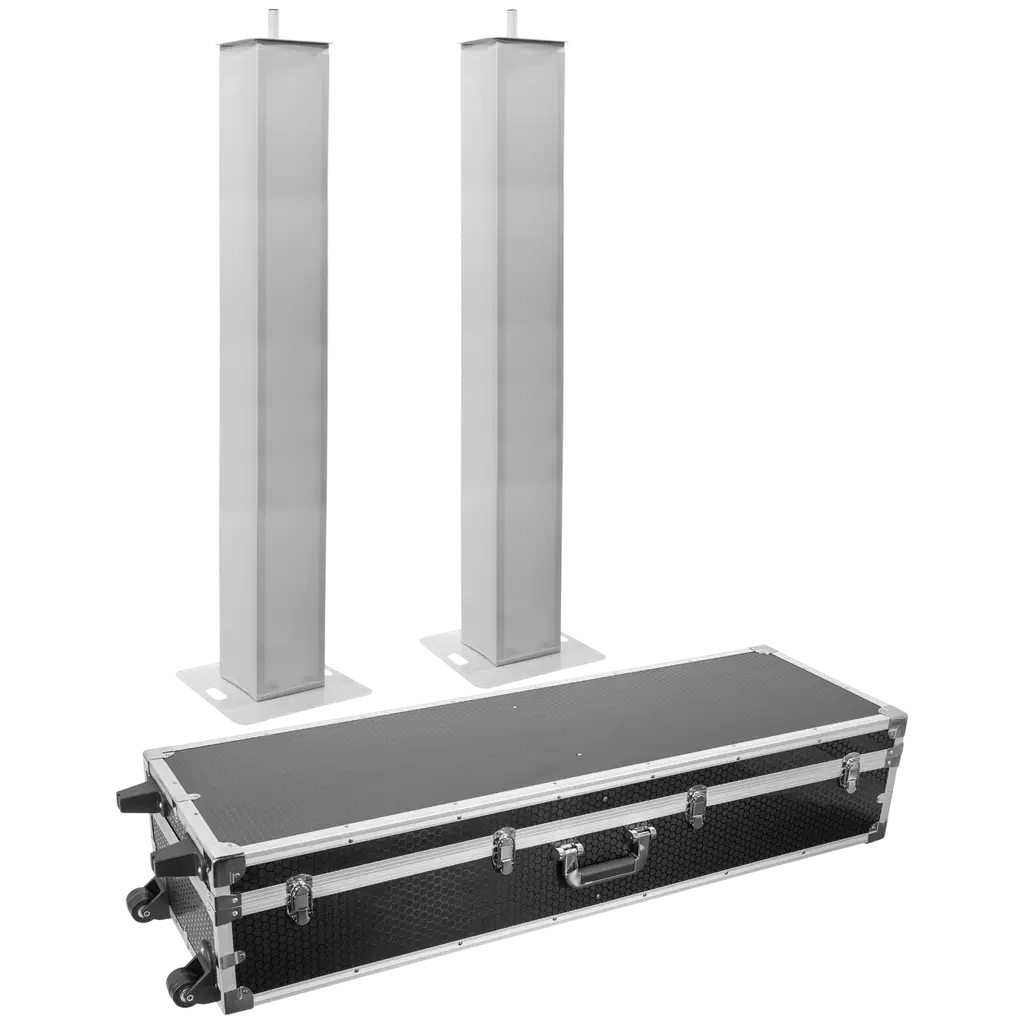 Set van 2 uitschuifbare totems (106 tot 195 cm) met witte lycra-bekleding en flightcase – Plugger