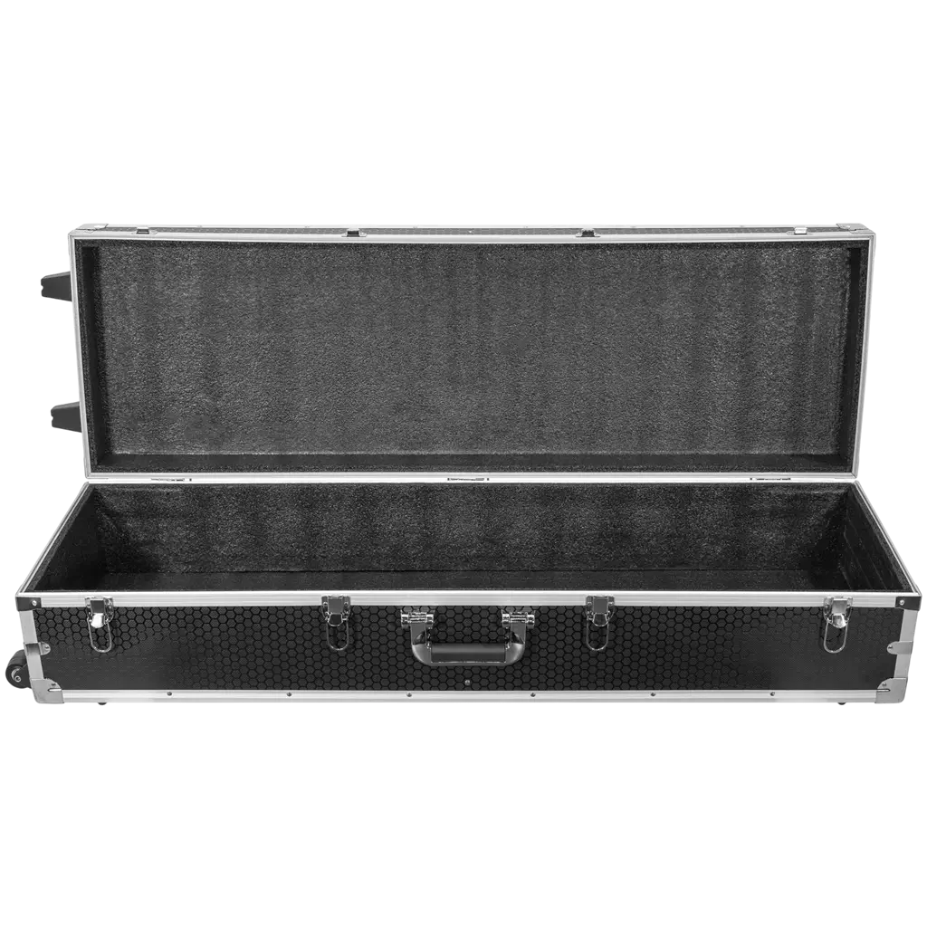 Set van 2 uitschuifbare totems (106 tot 195 cm) met witte lycra-bekleding en flightcase – Plugger