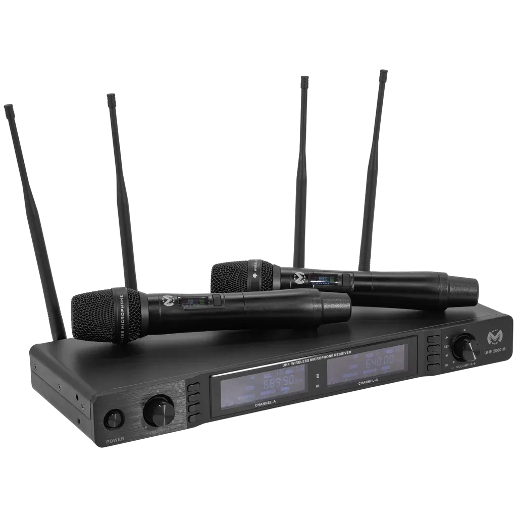 Dubbel UHF-draadloos microfoonsysteem met cardioïde True Diversity en ontvanger – Mac Mah