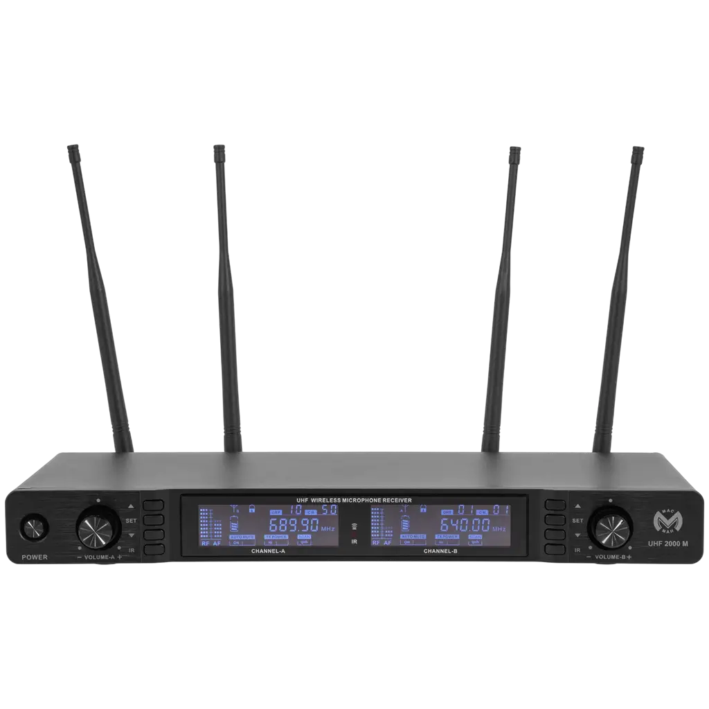 Dubbel UHF-draadloos microfoonsysteem met cardioïde True Diversity en ontvanger – Mac Mah