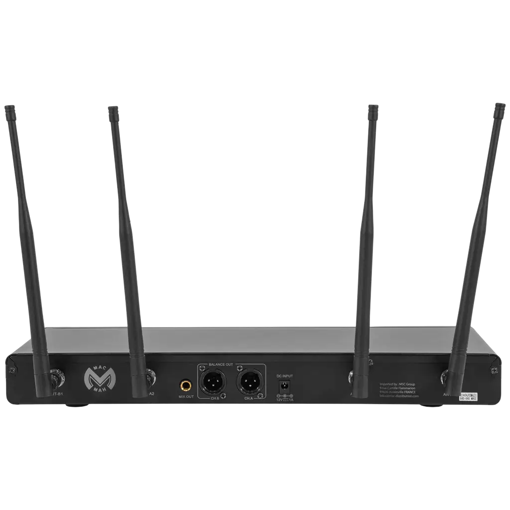 Dubbel UHF-draadloos microfoonsysteem met cardioïde True Diversity en ontvanger – Mac Mah