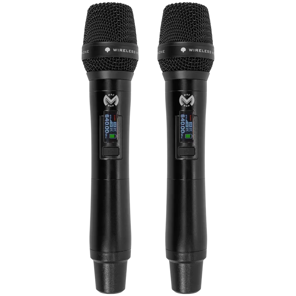 Dubbel UHF-draadloos microfoonsysteem met cardioïde True Diversity en ontvanger – Mac Mah