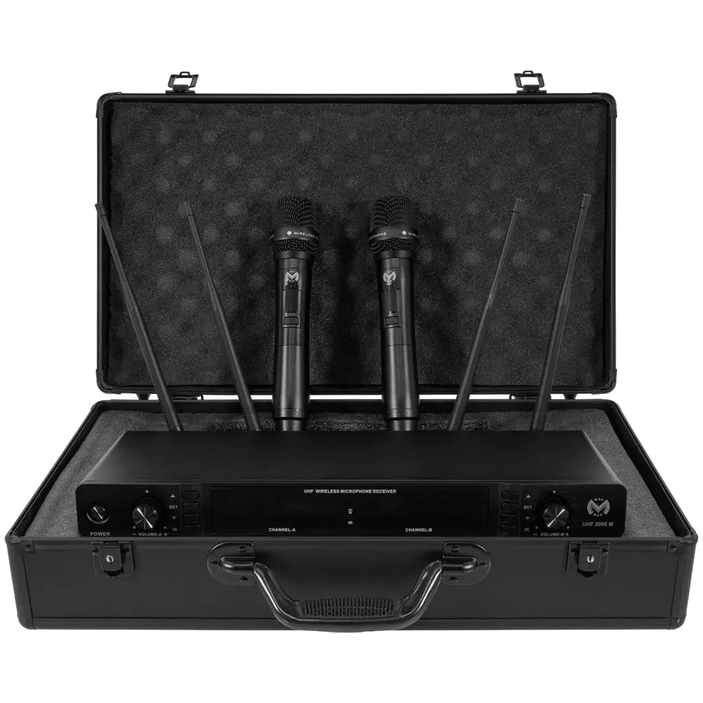 Dubbel UHF-draadloos microfoonsysteem met cardioïde True Diversity en ontvanger – Mac Mah