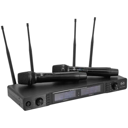 Dubbel UHF-draadloos microfoonsysteem met cardioïde True Diversity en ontvanger – Mac Mah