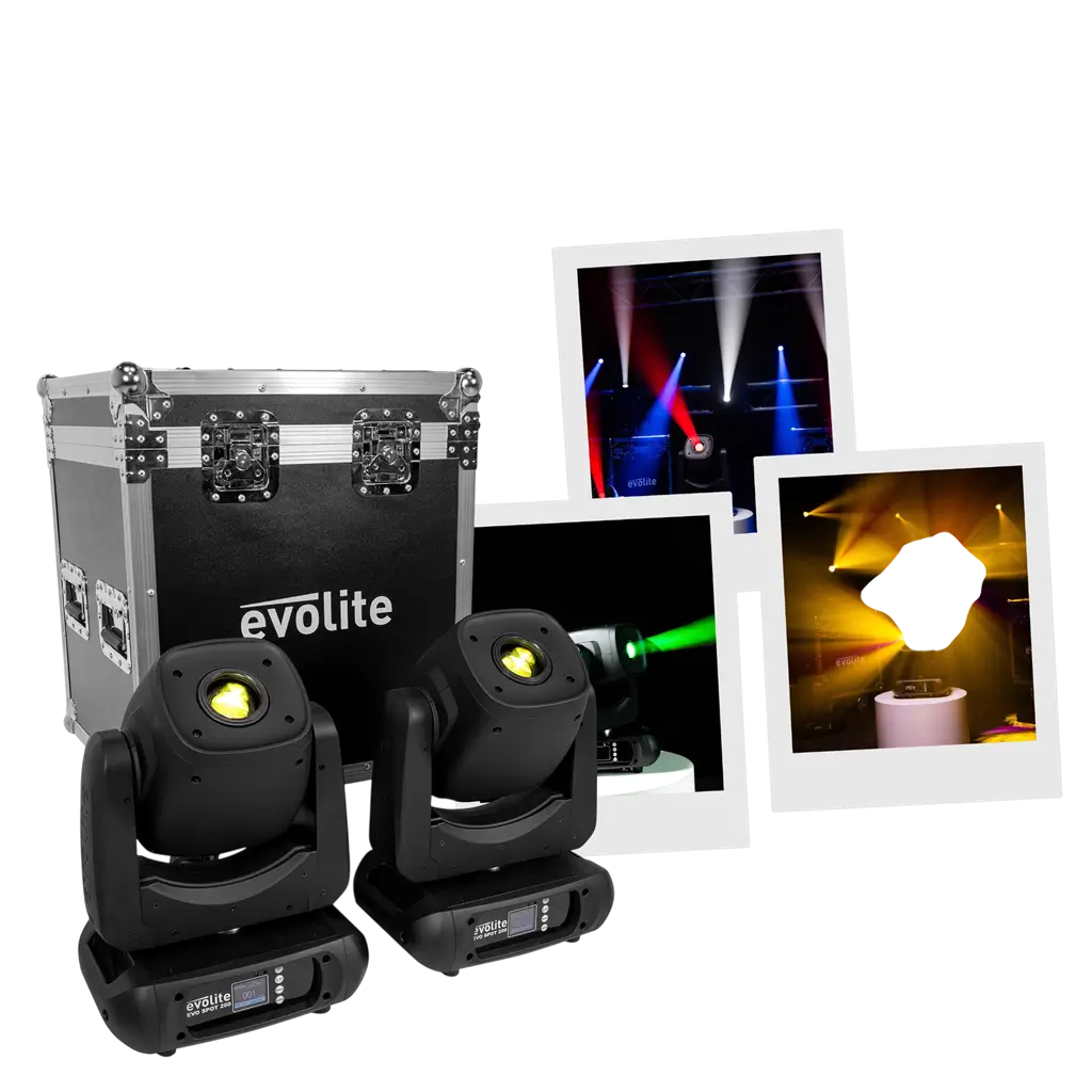 Set van 2 LED-spotlampen van 200 W met hoge lichtopbrengst en flightcase – Evolite